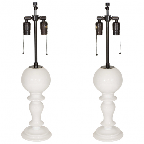 Pair of Italian White Ceramic Lamps Globe /Pedestal Style Base