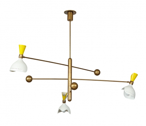 Chandelier with three rotating arms by Stilnovo in yellow and white
