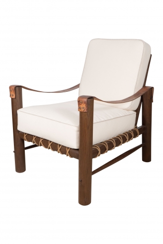 African Inspired Chair with Patinated Oak Frame and Leather Strap Arms