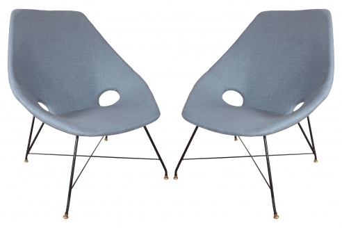 Pair of Blue Linen Chairs by Augusto Bozzi for Fratelli Saporiti