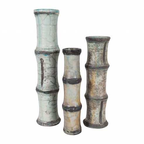 Three Raku Ceramic Vases with Bamboo Pattern