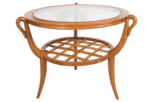 Two tiered Gio Ponti style wood and glass occasional table