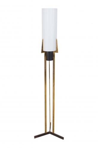 A Brass and Frosted Glass French Modernist Arlus Floor Lamp