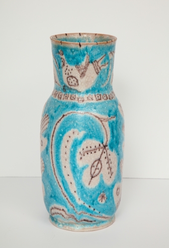 Blue Vase with Leaf Pattern by Guido Gambone