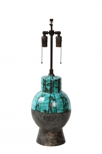 Tall lamp in turquoise with black abstract design