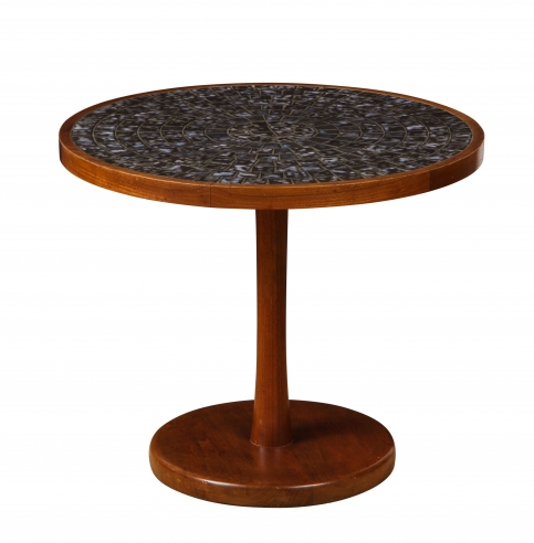 Round side table with exceptional ceramic top by Martz